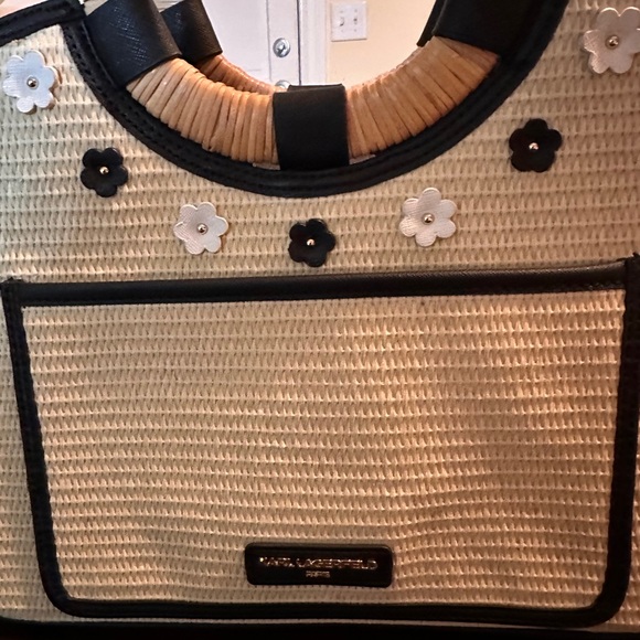 Karl Lagerfeld  Beige and Black Floral Accent Straw Crossbody Tote - Picture 4 of 8